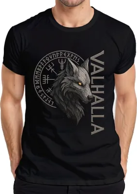 Produktbild von Valhalla Wikinger Wolfskopf Runen Nordische Mythologie Fenrir Herren T-Shirt, Schwarz, 3XL