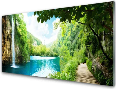 Produktbild von Acrylglasbilder 100x50 Wandbild Druck Wasserfall See Bäume Natur