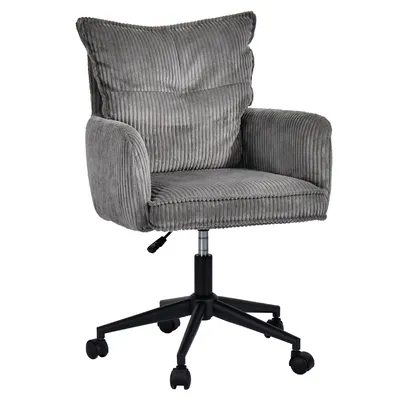 A gray corduroy office chair with a black base and wheels, shown from the front on a white background.