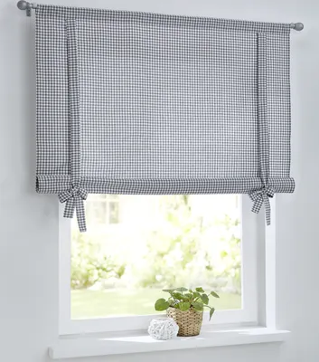 Produktbild von Cottage Kariertes Raffrollo Raffgardine mit Tunnelzug für Gardinenstangen, Landhaus-Gardine Küche Karo weiß-grau, Bindegardine, Rollgardine, Breite 60 cm x Höhe 100 cm