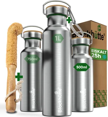 Productafbeelding van Roestvrijstalen drinkfles in blokhutstijl, geïsoleerd, 500 ml. Thermosfles, lekvrij, BPA-vrij, houdt 25 uur koud en 13 uur warm, geschikt voor koolzuurhoudende dranken, vaatwasmachinebestendig