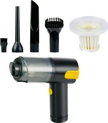 Obrázek produktu pro Akumulátorový vysavač Dunlop 12V - ruční vysavač se 4 nástavci - akumulátorový vysavač do auta s USB-C - mokrý a suchý - se sacím výkonem 5000Pa a funkcí foukání - šedý/žlutý