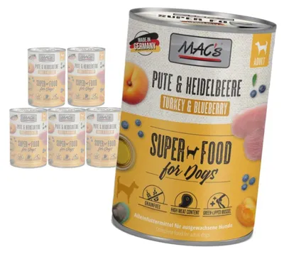 Produktbild von MAC's getreidefreies Nassfutter für Hunde mit Truthahn und Blaubeeren, 6 x 400 g, für Gelenke, Haut und Fell