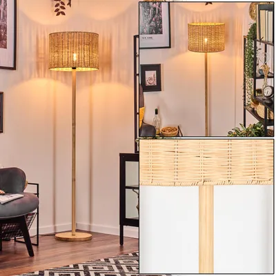 Produktbild von Dello Stehlampe mit Holzfuß und Schirm aus Rattan