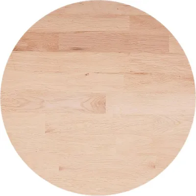 A top-down view of a round, unfinished solid oak wood tabletop.