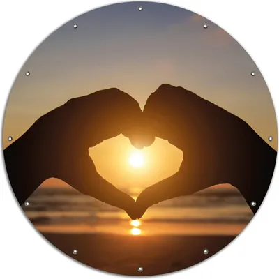 Produktbild von Wallario rundes Outdoor-Poster für Garten oder Balkon, Motiv Liebe im Herzen der Sonne - Strand und Meer, 120 cm Durchmesser