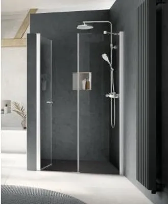 Produktbild von HSK 4814160-1-54 Exklusiv 2.0 Drehfalttür Nische Pendelbar mit Nebenteil 1600x2000mm Alu Silber-Matt Chinchilla