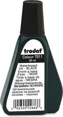A bottle of black ink for stamps.