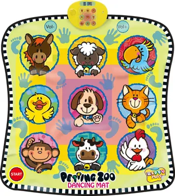 A colorful children's dancing mat with cartoon animal illustrations and interactive buttons.