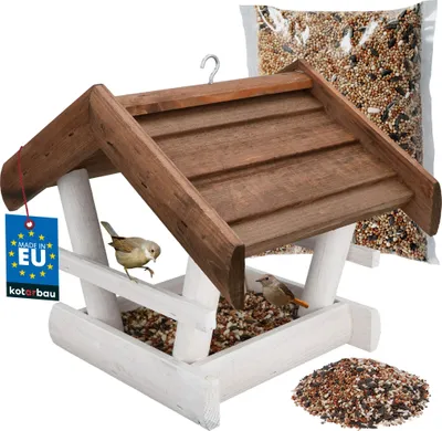 Produktbild von KOTARBAU® Vogelhaus zum Aufhängen 24 x 30,5 x 25,5 cm Vogelfutterhaus aus Holz Natürlich Vogelhäuschen + Vogelfutter 0,5 kg Grau Holzdeko für Garten