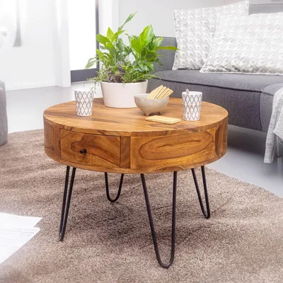 Produktbild von WOHNLING Couchtisch Sheesham Massivholz / Metall 60x44,5x60 cm Tisch Wohnzimmer Design Beistelltisch mit Schubladen Kleiner Wohnzimmertisch Rund Braun
