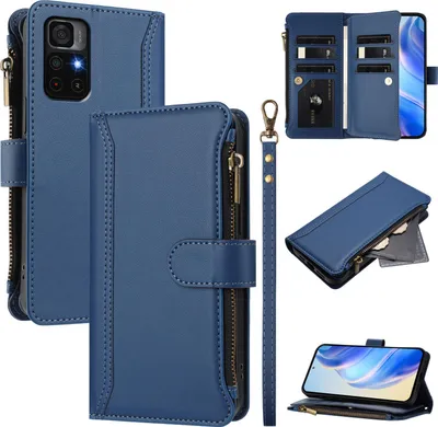 Image de Etui pour Xiaomi Poco M4 Pro 5G, zippé, étui portefeuille en cuirPolyuréthaneavec poches pour cartes, support et dragonne bleu