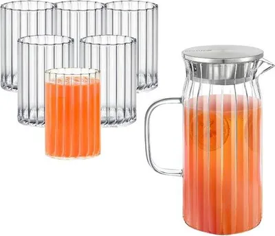 Image de Carafe en verre 1 litre - Verres à eau set de 6 - couvercle en acier inoxydable - verre cannelé - jus de fruits eau thé glacé lait - carafe à eau