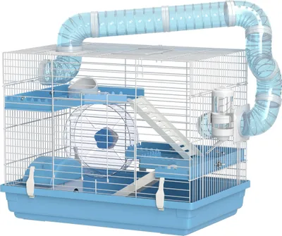Image de PawHut Cage pour hamster portable, cage hamster avec cabane, gamelle, roue de course, bouteille d'eau, perchoirs, échelles, système de tuyaux, 47,5 x 31,5 x 29,5 cm, bleu clair