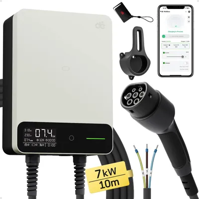Produktbild von Elektroauto-Ladegerät - Typ-2-EV-Ladegerät - 7,4 kW - Einstellbar 6–32 A - Einphasig - WLAN-App-Steuerung - 10 m Kabel - Weiß