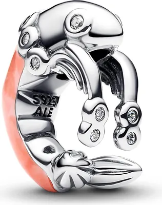 A close-up studio shot of a Pandora charm shaped like a shrimp.