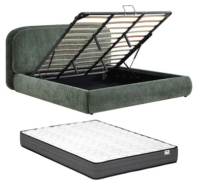Produktbild von Bett mit Stauraum 180 x 200 cm – Strukturierter Stoff – Grün + Matratze – ZORIMA