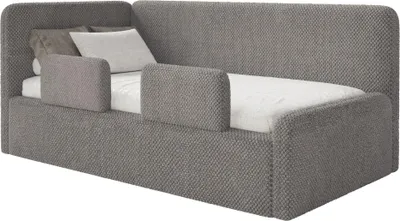 Produktbild von Selsey Fanko – Kinderbett 90x200 cm mit Rausfallschutz, Kopfteil links, Plüsch, Taupe
