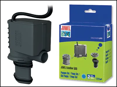 A product shot of a water pump next to its packaging.