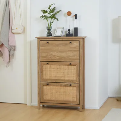 Produktbild von Sweiko Schuhschrank, bis 18 Schuhpaare, 3 Kippfächer, Rattandekor, Naturholzoptik, 80 x 23,5 x 121,5cm