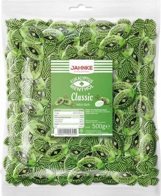 Produktbild von Open Food Jahnke Classic Eukalyptus + Menthol extra stark 500g Einzeln gewickelte extrastarke Eukalyptus-Menthol-Hartkaramellen (ca. 95 Stück) - 500g, 500 g, D, 393 kcal, 69,4 g, 0,5 g, 97,6 g
