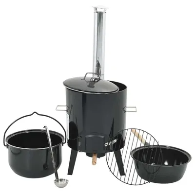 Produktbild von vidaXL Gulaschkanone mit Rauchabzug & Deckel Schwarz Stahl Emailliert