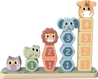 A wooden toy set featuring safari animals stacked in ascending order of height, with numbers on the blocks.