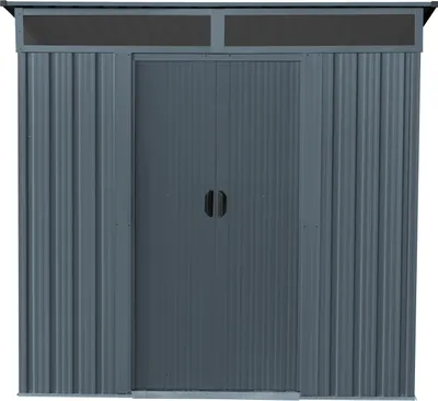 A front view of a gray metal shed with double doors and a dark gray roof.
