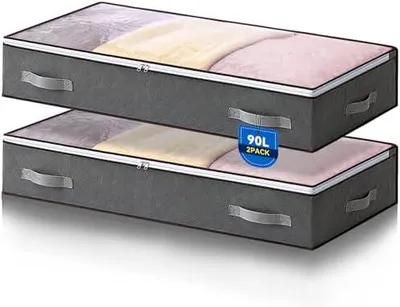 Produktbild von 2 Stück 90L Unterbettkommode mit Sichtfenster, Faltbare Unterbett-Aufbewahrungstasche Kleideraufbewahrung, Decken Organisator Lagerbehälter, 100x50x18cm