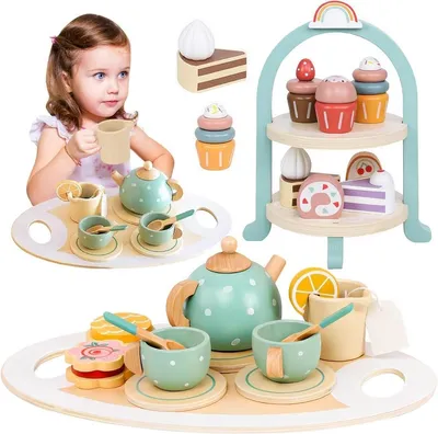 Produktbild von Holz Tee Set für Kinder Kaffeeservice Spielzeug mit Etagere & Kuchen