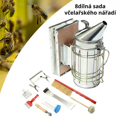 Obrázek produktu pro 8dílná sada nářadí pro včelaře z nerezové oceli – včetně dýmáku, kartáče, držáku rámků, značkovače matek a dalších – kompletní sada pro chov včel