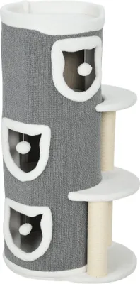 Produktbild von 101 cm Katzenturm, 3 Ebenen, 3 Schlafhöhlen, Spielbälle, Kratzpfosten, Sisal, Spanplatte, Grau