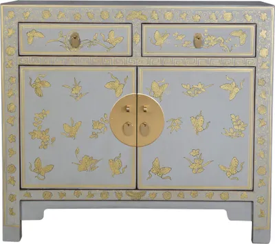 Image de Fine Asianliving Armoire chinoise gris pastel Papillons peints à la main - Collection Orientique L90xP40xH80cm Armoire chinoise Armoire chinoise de mariage Meubles orientaux asiatiques