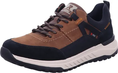 A single brown and navy blue sneaker is shown against a white background.