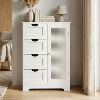 Obrázek produktu pro FineBuy úzká skříň se zásuvkami a dvířky 80 cm úložná skříň MDF bílá komoda vídeňské proutí skříň chodba obývací pokoj víceúčelová skříň