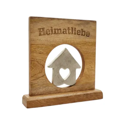 Produktbild von Dekoschild mit Haus Herz Mangoholz Metall Aufsteller Schild Wohnaccessoire Holz