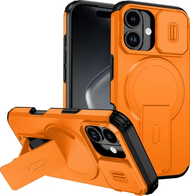 Obrázek produktu pro Magnetické pouzdro pro iPhone 17, dvouvrstvé odolné pouzdro s posuvnou ochranou fotoaparátu a nastavitelným stojánkem Oranžová