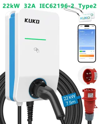 Obrázok produktu pre Nabíjačka pre elektromobily, typ 2 – nástenná nabíjačka 22 kW, 3-fázová, 32A – 4G + Wi-Fi + Bluetooth – OCPP 1.6 – kábel 7,5 m – konektor CEE