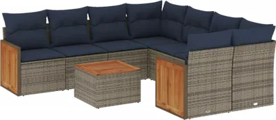 Produktbild von vidaXL 9-teiliges Gartensofa-Set mit Kissen, grau, Polyrattan