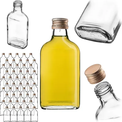 Zdjęcie produktu dla Kolba biodrowa KADAX 200ml, 50 sztuk, małe szklane butelki z zakrętką, kolby, puste butelki do napełniania, mini butelki na likier, butelki na sznapsa (złote)
