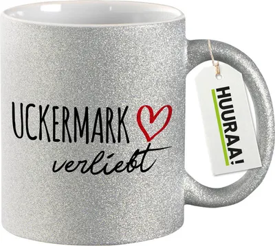 Produktbild von Huuraa Glitzertasse Uckermark verliebt 330ml Silber Keramik Kaffeebecher Geschenkidee