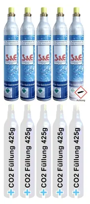 Produktbild von 5 x CO2 Reserve-Zylinder für 425g | 60l Sprudel-Wasser - Kohlensäure Nachfüll-Flasche kompatibel mit Soda Wasser-Sprudle