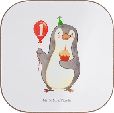 Produktbild von Mr. & Mrs. Panda Untersetzer Quadratisch 1. Geburtstag Pinguin Luftballon - Weiß - Geschenk, Gläser, gläseruntersetzer, für, Coaster, Happy Birthday, Tischuntersetzer
