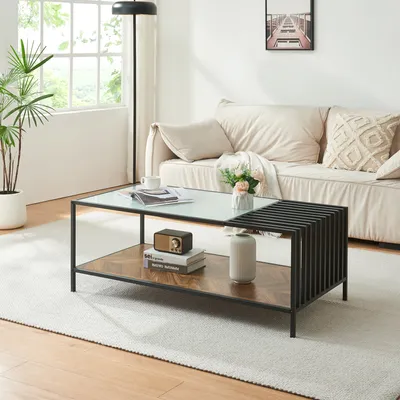 A modern living room scene with a couch and coffee table.