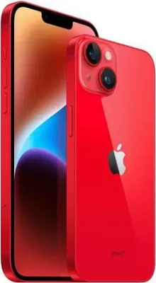 A red iPhone 14 is shown from a diagonal angle, with the front screen visible and the back of the phone facing the viewer.