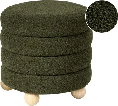 Produktbild von BELIANI Pouf Grün Bouclé Stoffbezug Gesteppt Rund ⌀ 42 cm mit Holzbeinen Retro für Wohnzimmer Schlafzimmer Esszimmer Garderobe Flur Schminktisch