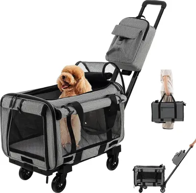 Produktbild von COSTWAY Transportbox Katze, Hunde Tragetasche Mobil, Transporttasche mit Teleskopgriff & Rädern & kleine Tasche, klappbare Reisebox für kleine & mittelgroße Haustiere, Hundebox Katzentasche, Grau