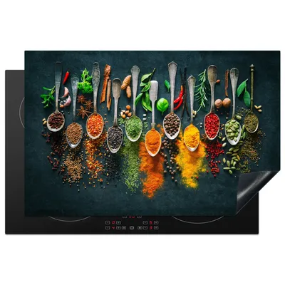 Produktbild von KitchenYeah© Herdabdeckplatte Kräuter - Gewürze - Löffel , 81x52cm, Küche Deko, Glaskeramikkochfeld Herdabdeckung, Abdeckplatte fùr Kochfeld