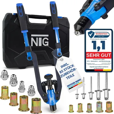 Imagen del producto de Nietzange 2 en 1, apta para instalar remaches y tuercas ciegas, con 5 cabezales intercambiables, ideal para trabajos en metal