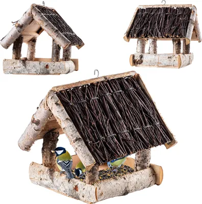 Image de KADAX Mangeoire pour oiseaux à suspendre, mangeoire en bois de bouleau, mangeoire décorative pour jardin & balcon, mangeoire en bois résistante aux intempéries pour les oiseaux sauvages